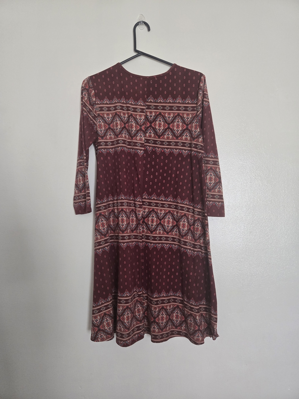 4/$15 Boho Printed Long Sleeve Swing Dress - Burgundy Retro Cottagecore - Picture 6 of 7